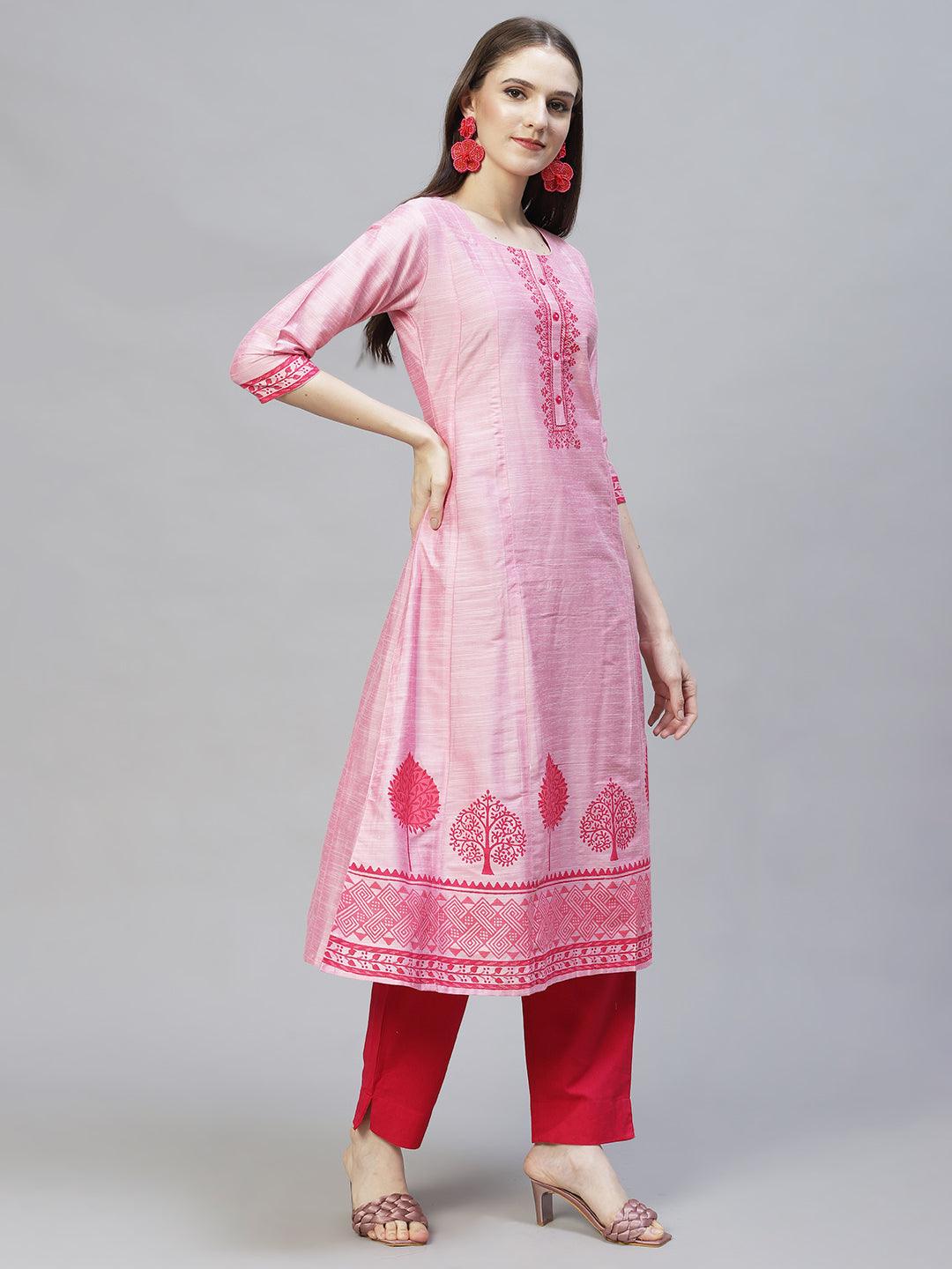 Ethnic Printed Anarkali Flared Kurta – Pink - Indiakreations