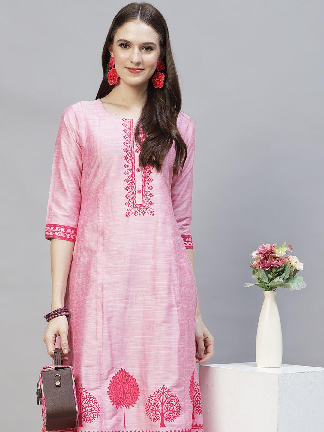 Ethnic Printed Anarkali Flared Kurta – Pink - Indiakreations