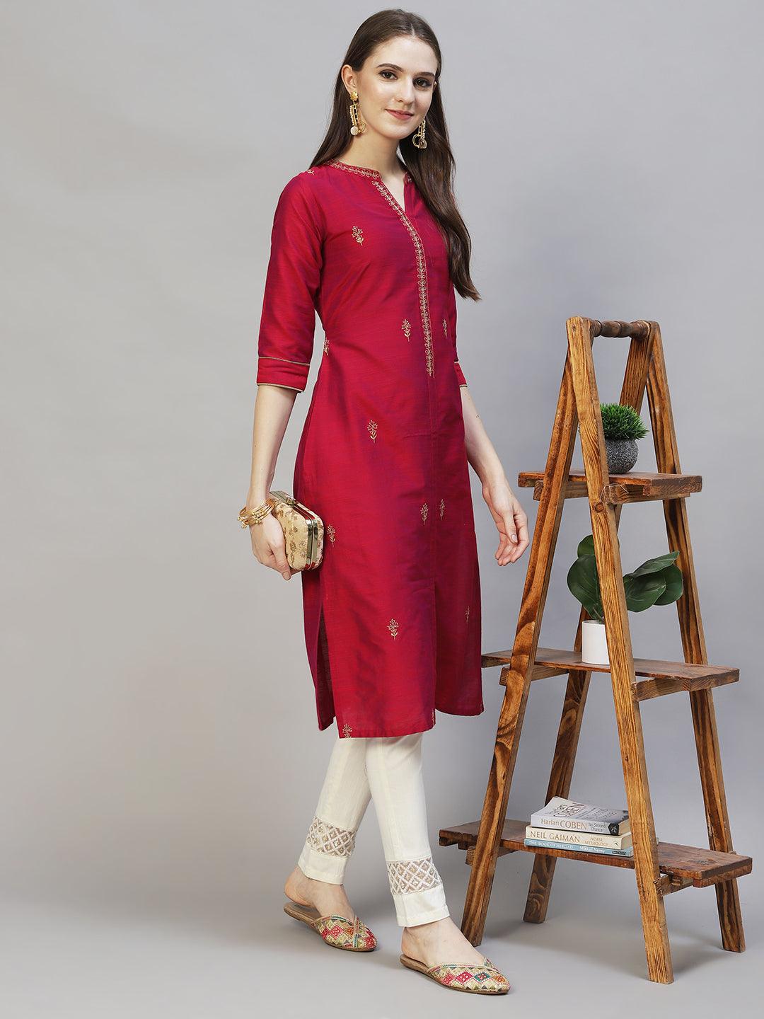 Ethnic Embroidered Straight Fit Kurta - Magenta Pink - Indiakreations