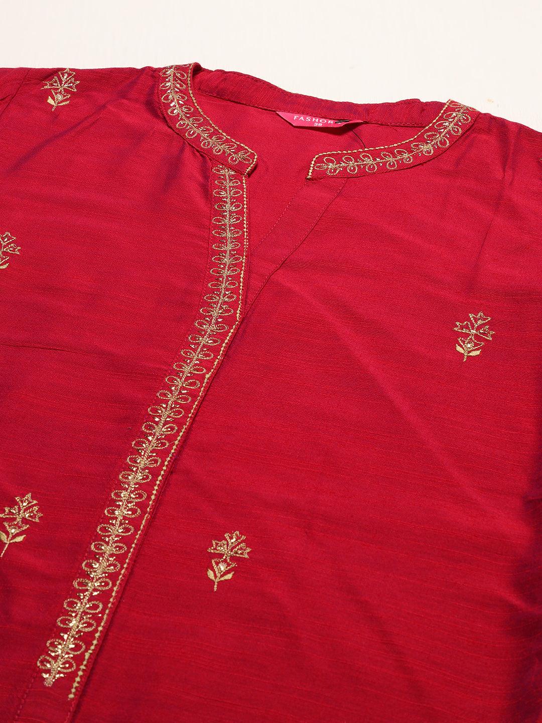 Ethnic Embroidered Straight Fit Kurta - Magenta Pink - Indiakreations