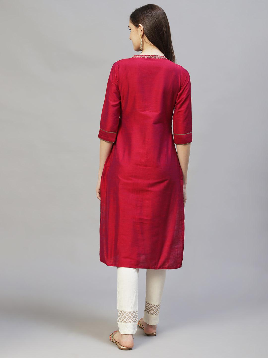 Ethnic Embroidered Straight Fit Kurta - Magenta Pink - Indiakreations