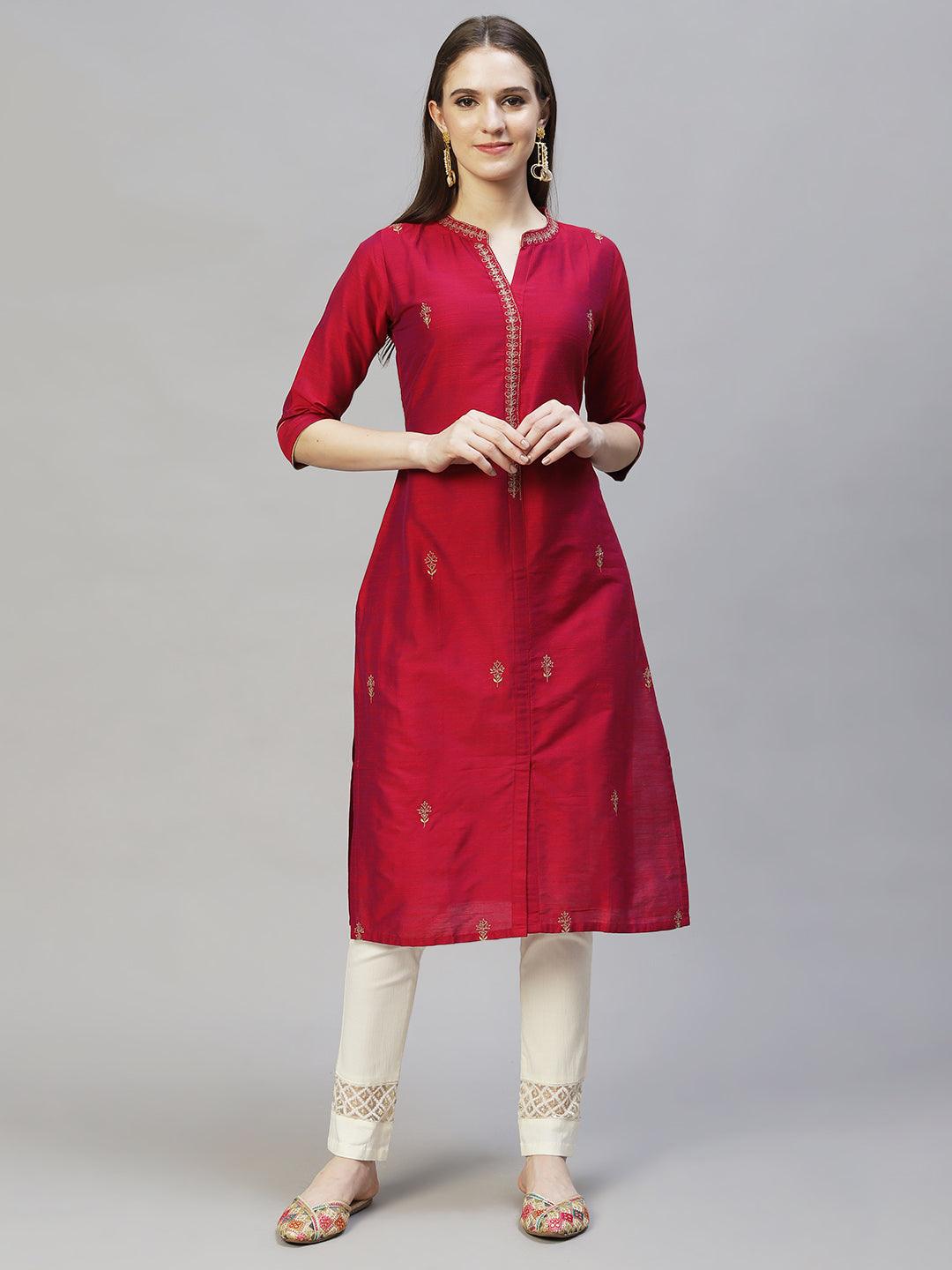 Ethnic Embroidered Straight Fit Kurta - Magenta Pink - Indiakreations