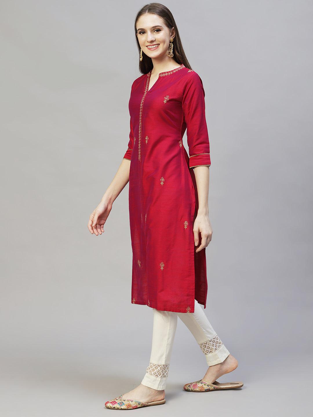 Ethnic Embroidered Straight Fit Kurta - Magenta Pink - Indiakreations