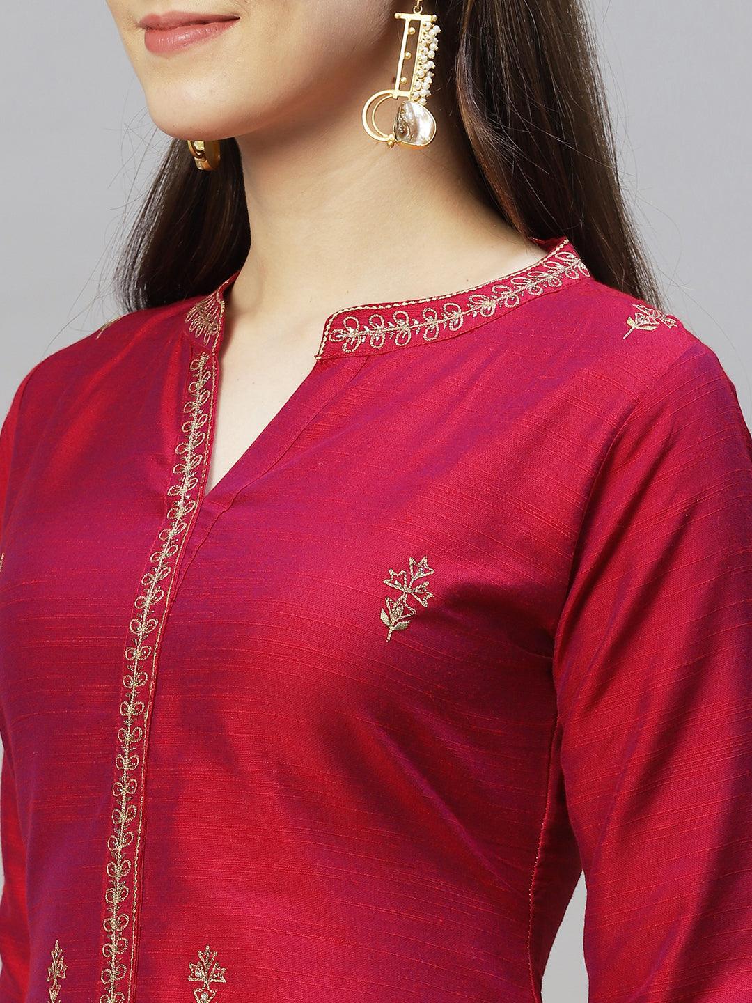 Ethnic Embroidered Straight Fit Kurta - Magenta Pink - Indiakreations