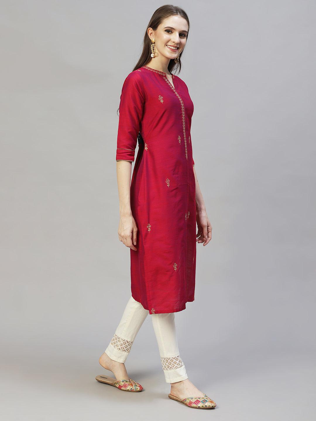 Ethnic Embroidered Straight Fit Kurta - Magenta Pink - Indiakreations