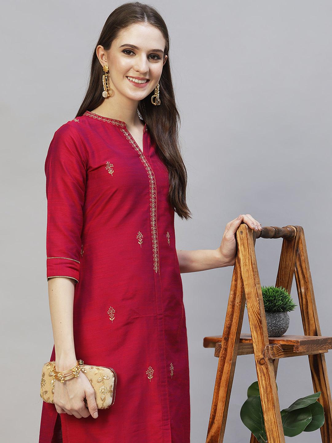 Ethnic Embroidered Straight Fit Kurta - Magenta Pink - Indiakreations