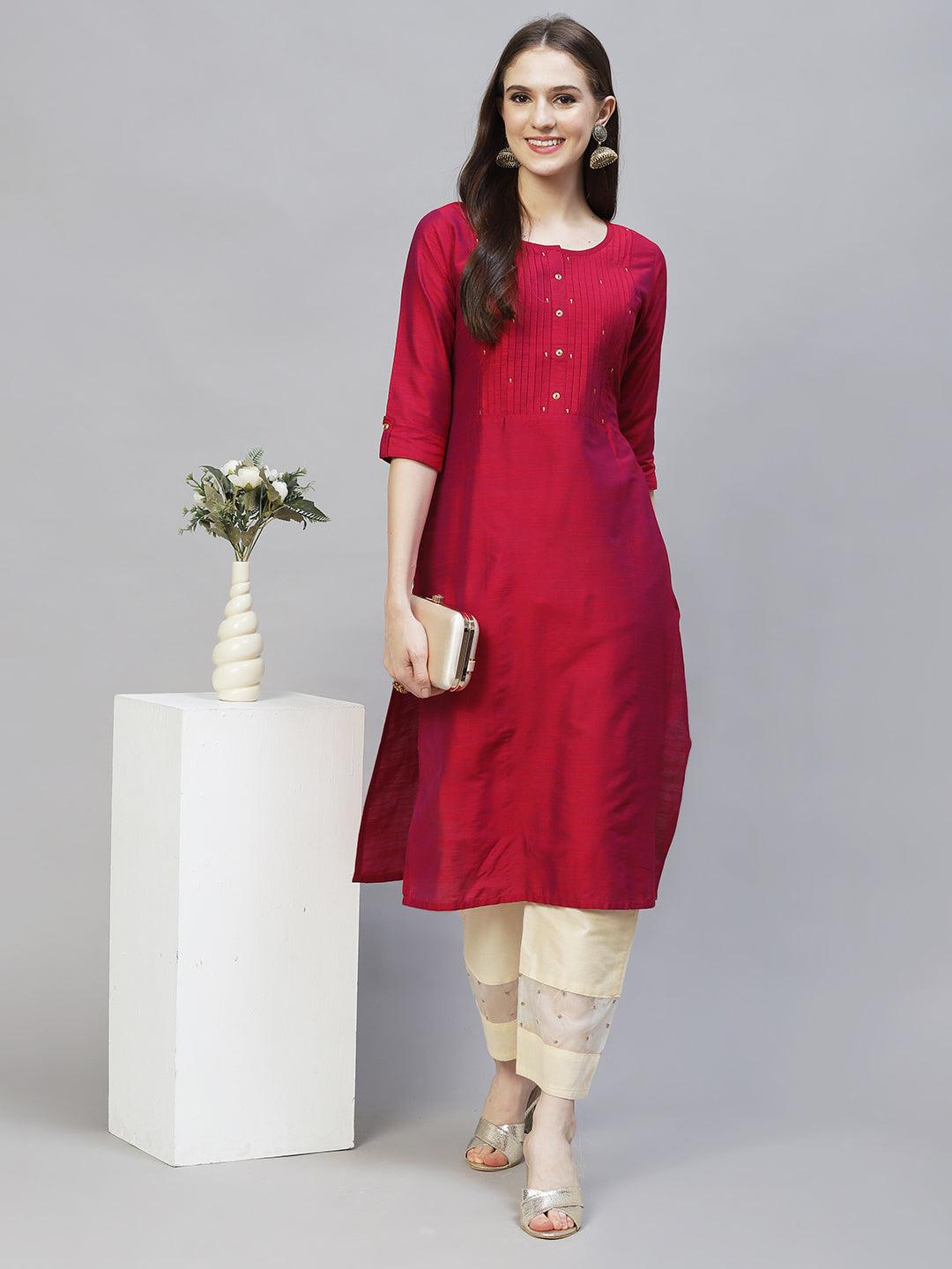 Zari Embroidered Straight Fit Kurta - Magenta Pink - Indiakreations