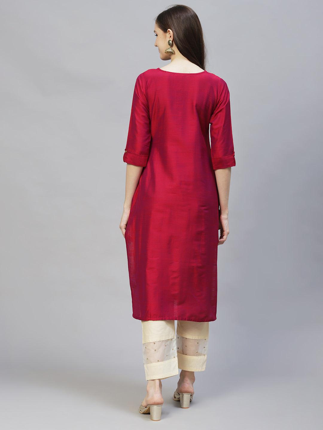 Zari Embroidered Straight Fit Kurta - Magenta Pink - Indiakreations