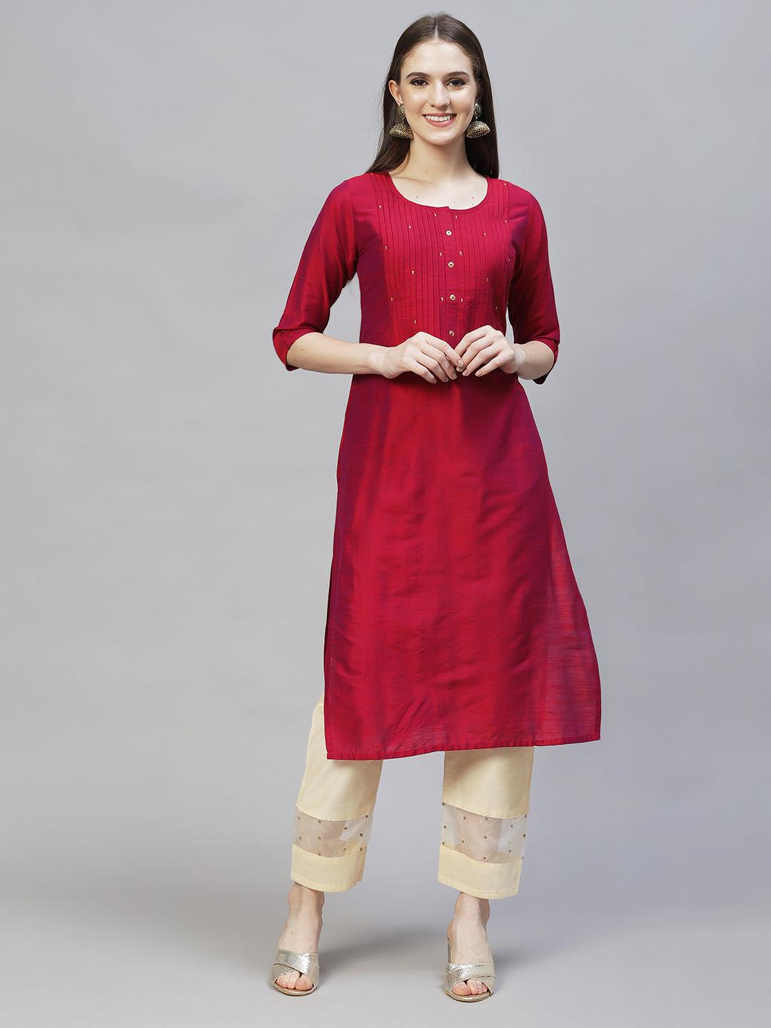 Zari Embroidered Straight Fit Kurta - Magenta Pink - Indiakreations