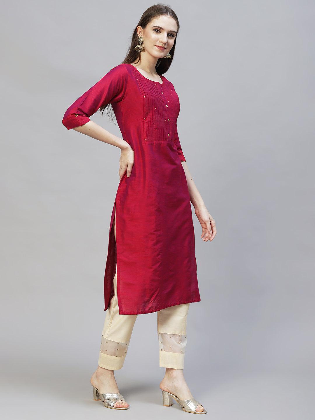 Zari Embroidered Straight Fit Kurta - Magenta Pink - Indiakreations