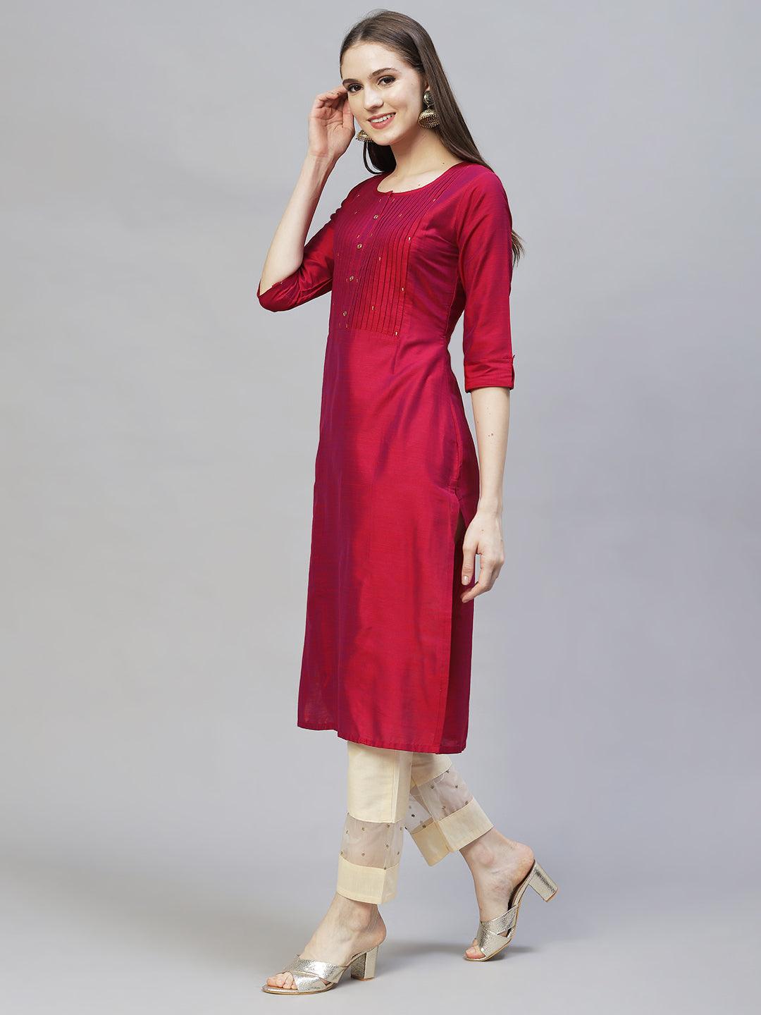 Zari Embroidered Straight Fit Kurta - Magenta Pink - Indiakreations