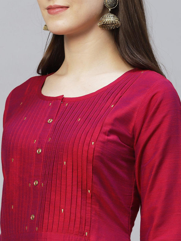 Zari Embroidered Straight Fit Kurta - Magenta Pink - Indiakreations