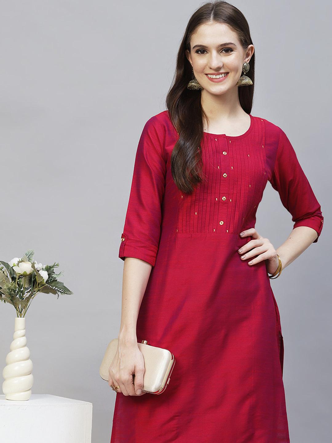 Zari Embroidered Straight Fit Kurta - Magenta Pink - Indiakreations