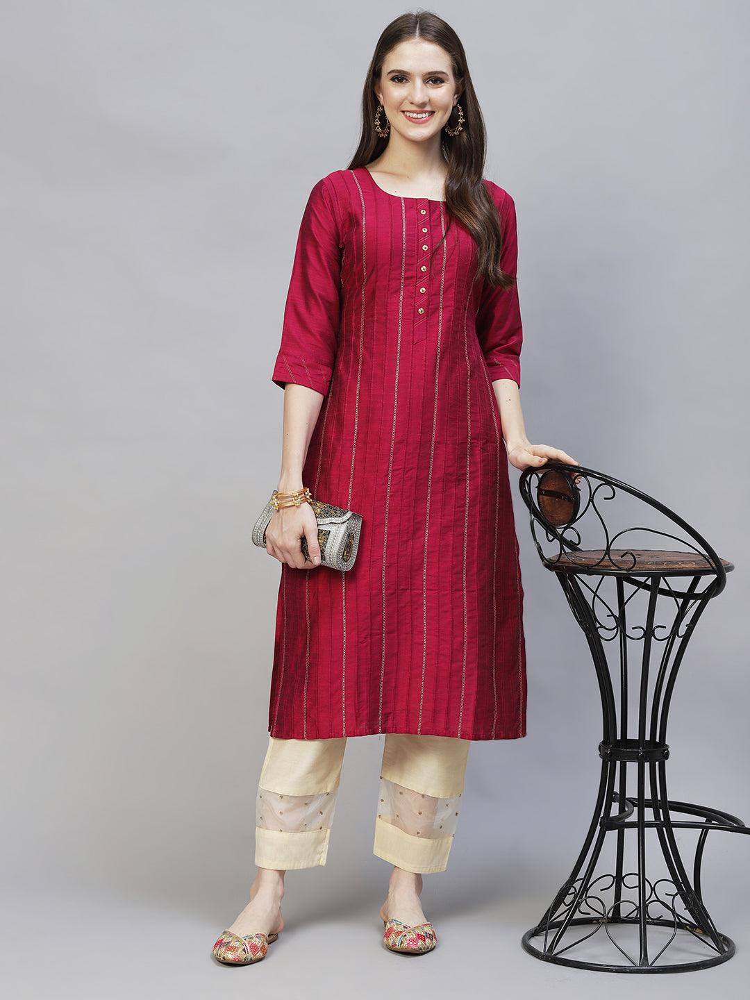 Zari Embroidered Straight Fit Kurta - Magenta - Indiakreations