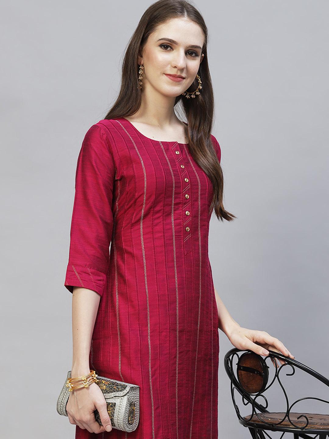 Zari Embroidered Straight Fit Kurta - Magenta - Indiakreations