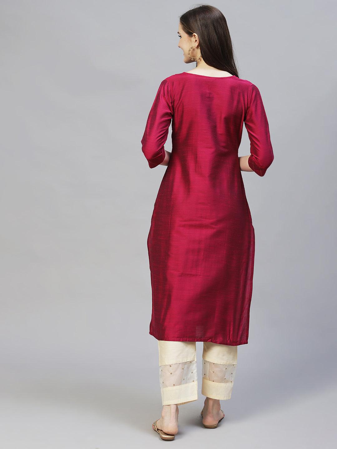 Zari Embroidered Straight Fit Kurta - Magenta - Indiakreations