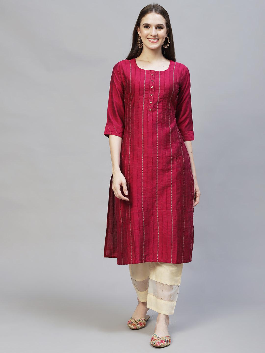 Zari Embroidered Straight Fit Kurta - Magenta - Indiakreations