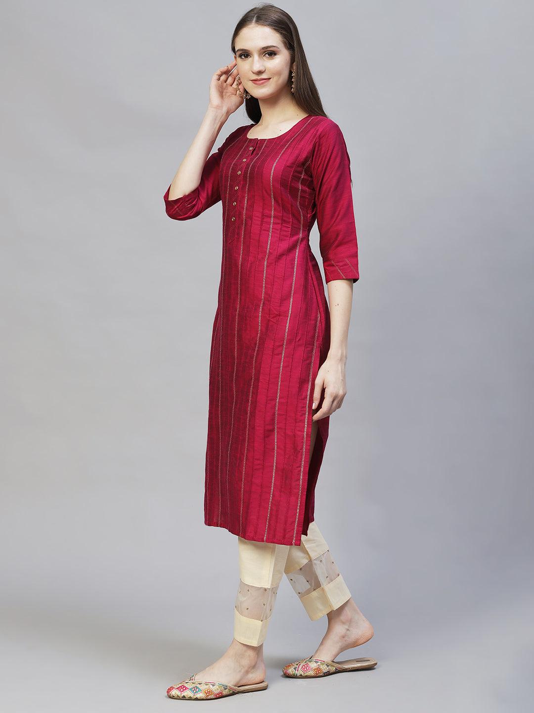 Zari Embroidered Straight Fit Kurta - Magenta - Indiakreations