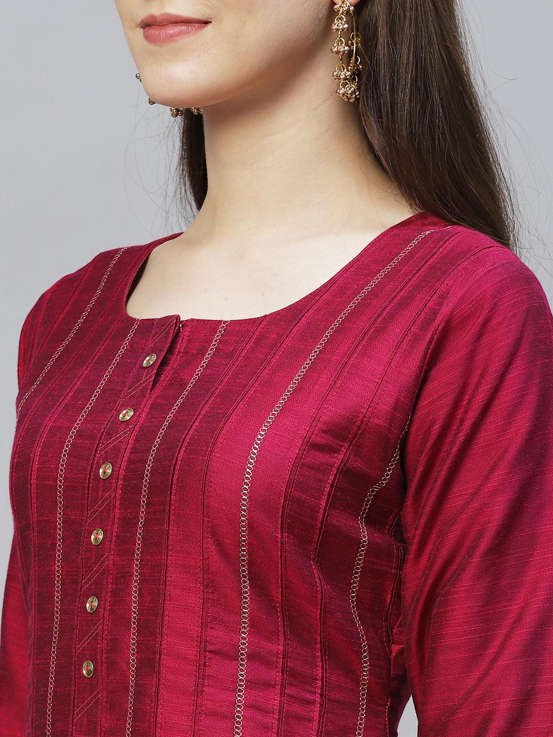 Zari Embroidered Straight Fit Kurta - Magenta - Indiakreations