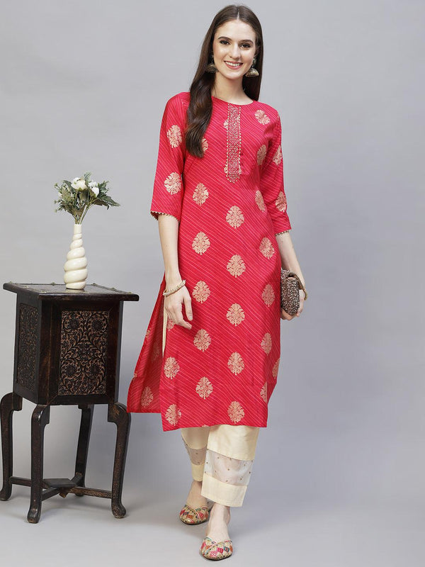 Ethnic Printed & Hand Embroidered Straight Fit Kurta - Dark Pink - Indiakreations