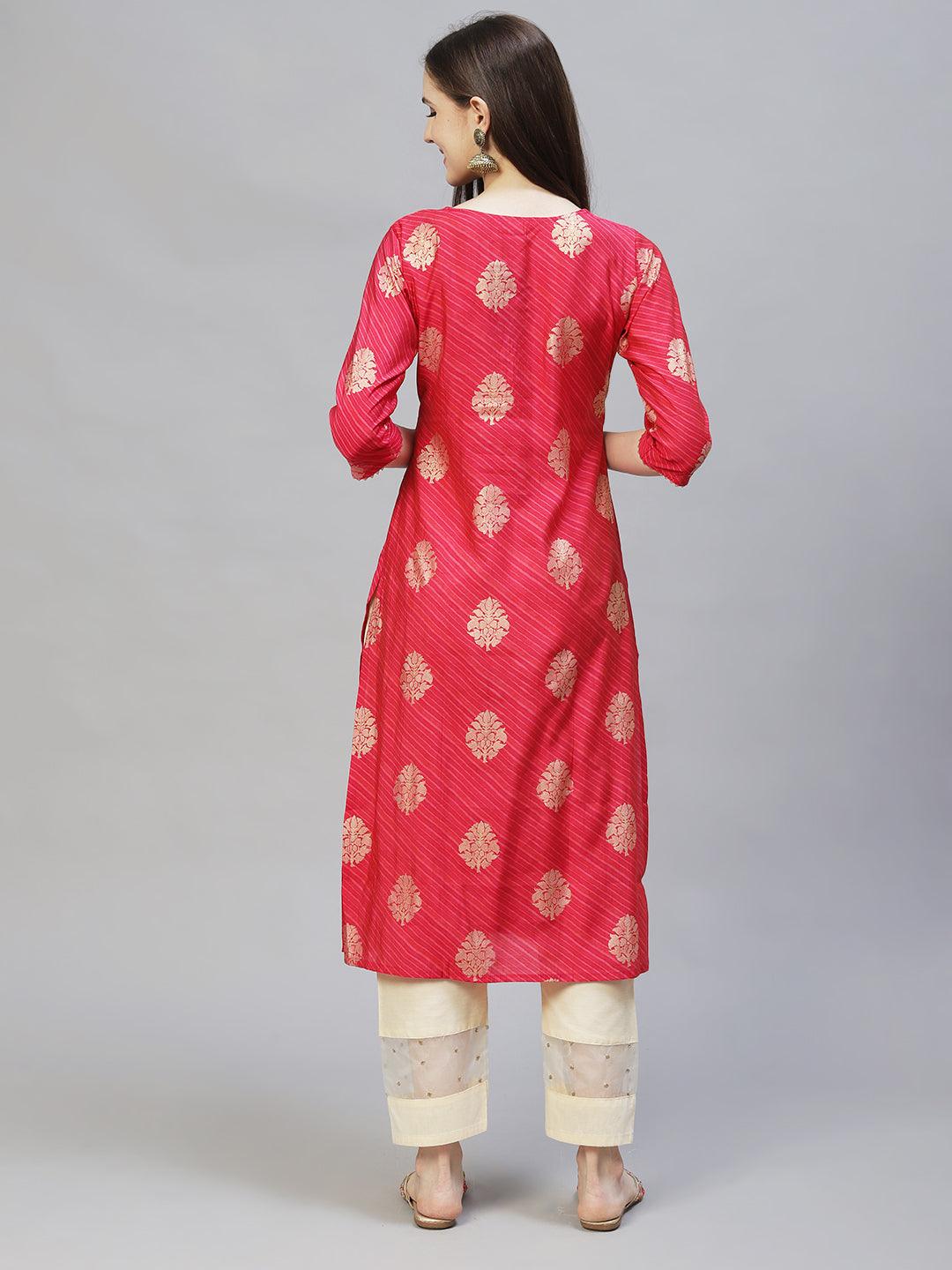 Ethnic Printed & Hand Embroidered Straight Fit Kurta - Dark Pink - Indiakreations