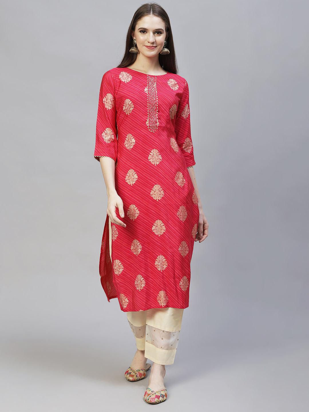 Ethnic Printed & Hand Embroidered Straight Fit Kurta - Dark Pink - Indiakreations