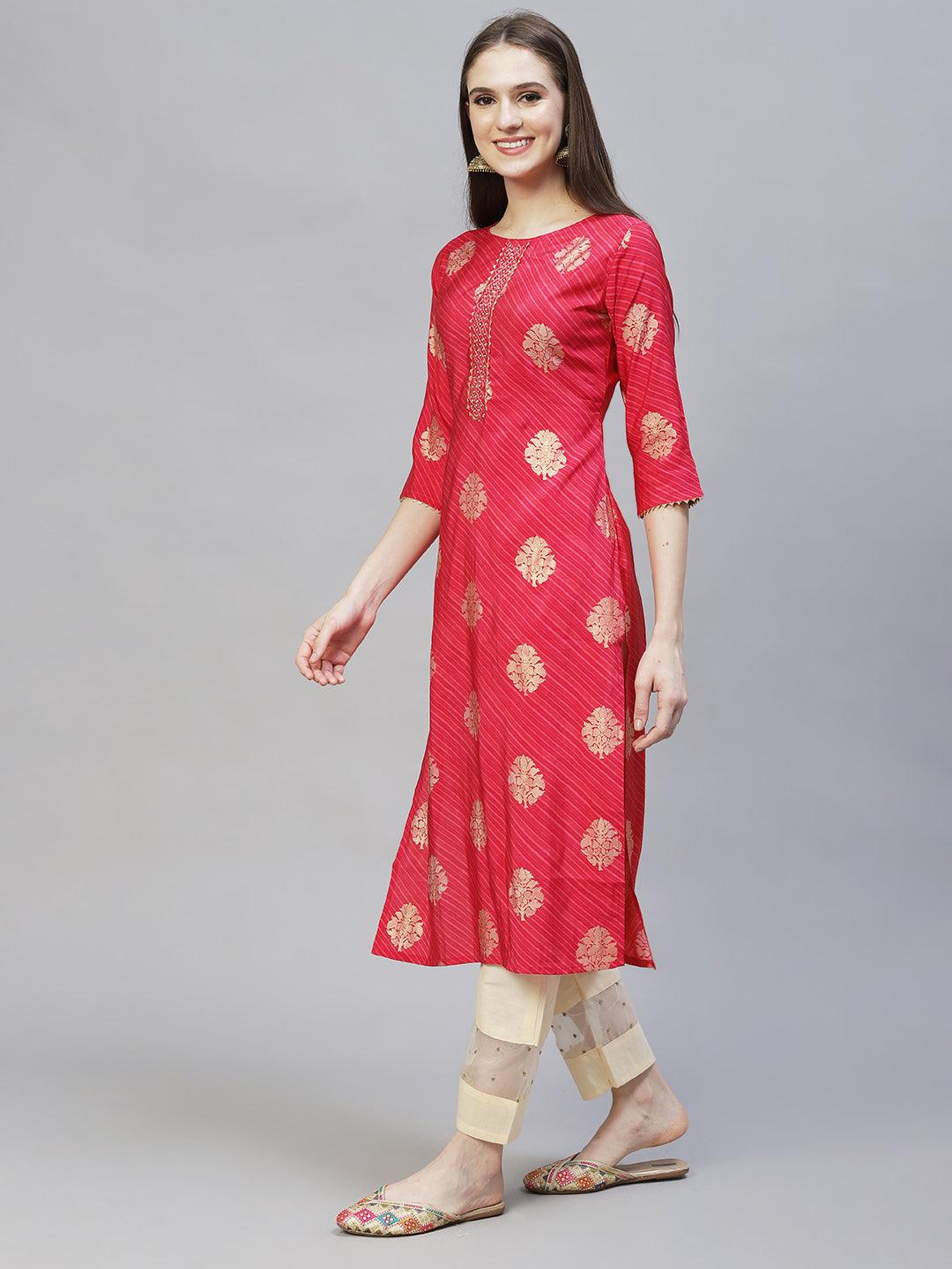 Ethnic Printed & Hand Embroidered Straight Fit Kurta - Dark Pink - Indiakreations