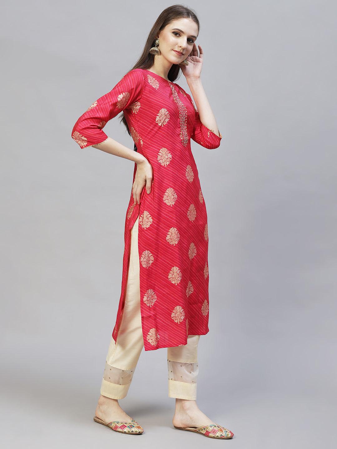 Ethnic Printed & Hand Embroidered Straight Fit Kurta - Dark Pink - Indiakreations