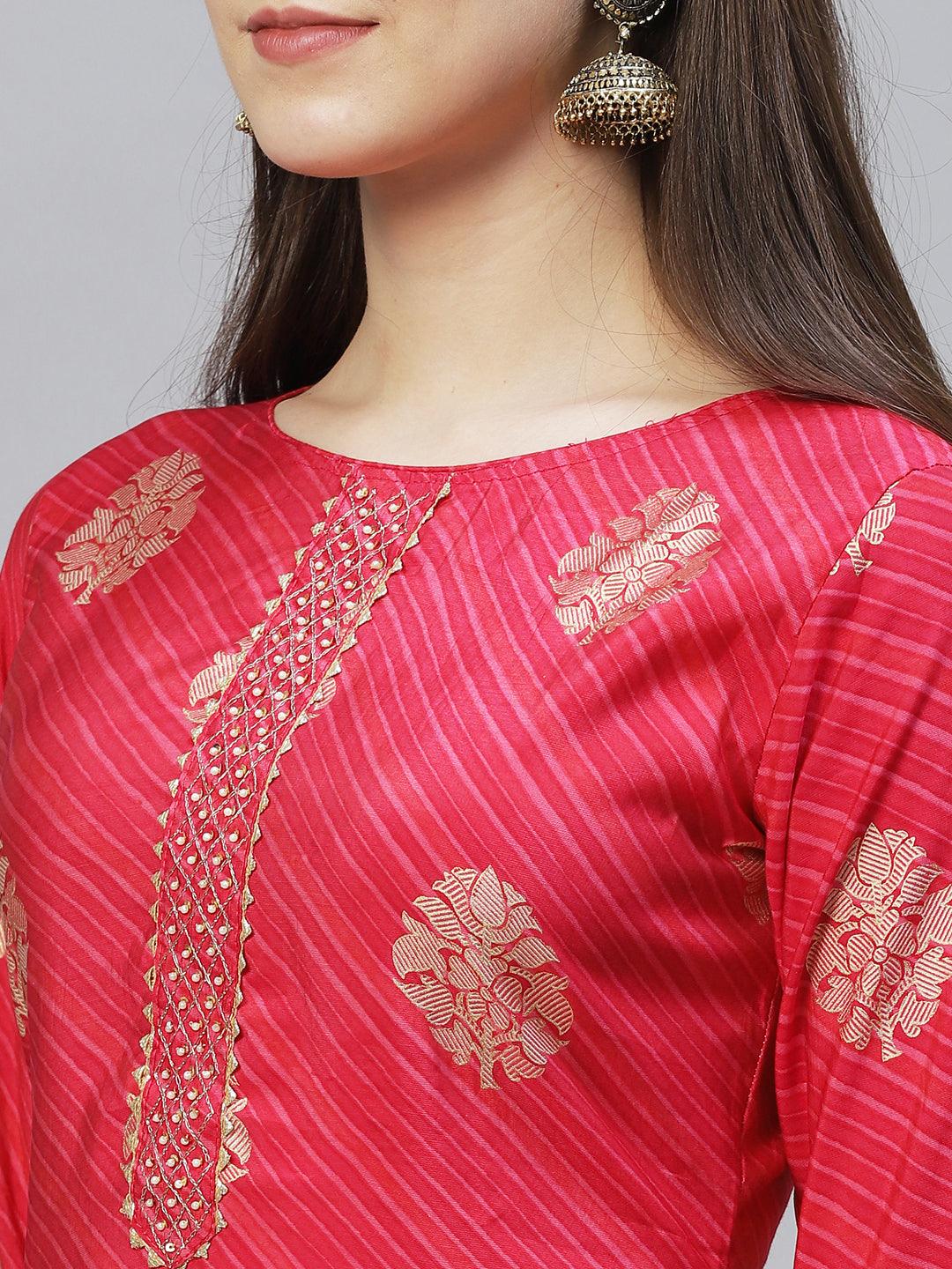 Ethnic Printed & Hand Embroidered Straight Fit Kurta - Dark Pink - Indiakreations