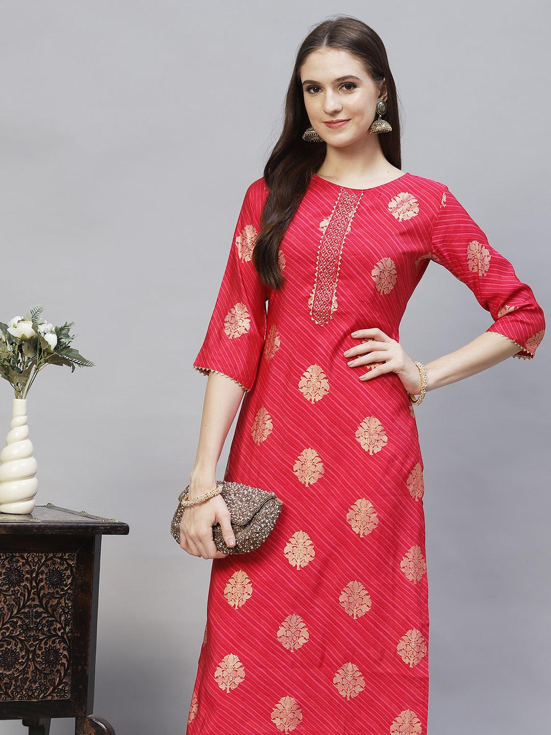 Ethnic Printed & Hand Embroidered Straight Fit Kurta - Dark Pink - Indiakreations