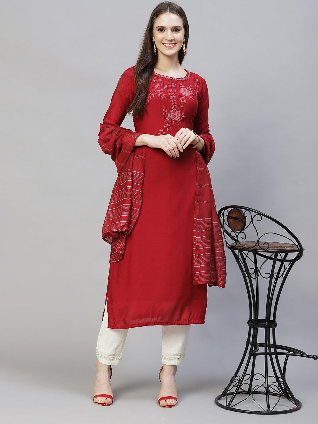 Floral Hand Embroidered Straight Kurta with Dupatta – Deep Maroon - Indiakreations