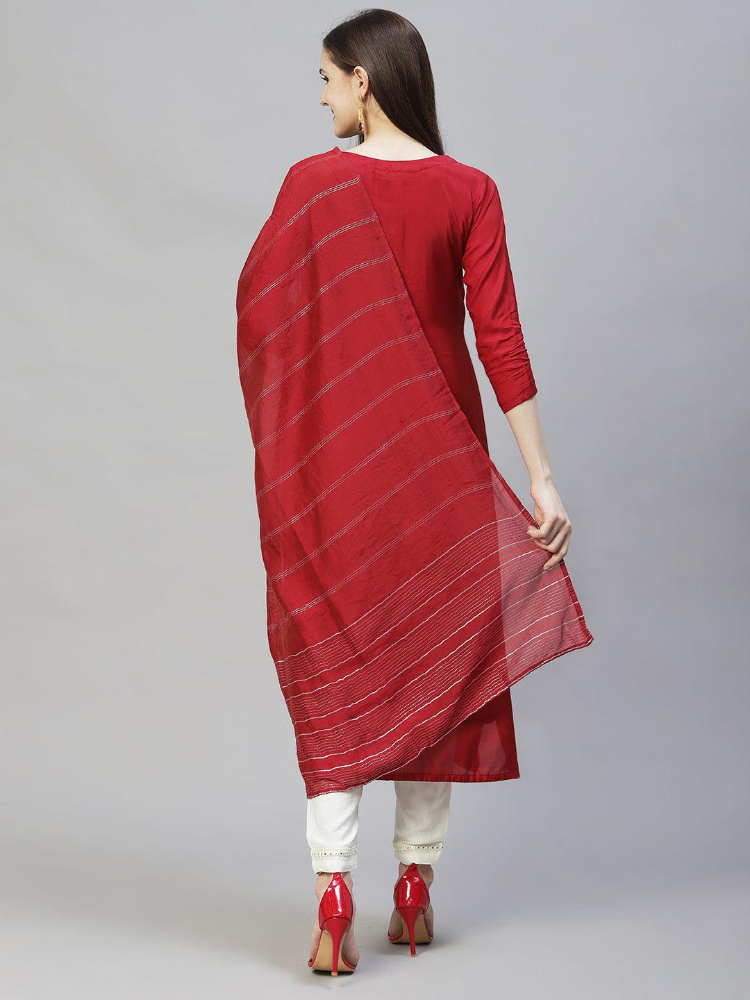 Floral Hand Embroidered Straight Kurta with Dupatta – Deep Maroon - Indiakreations