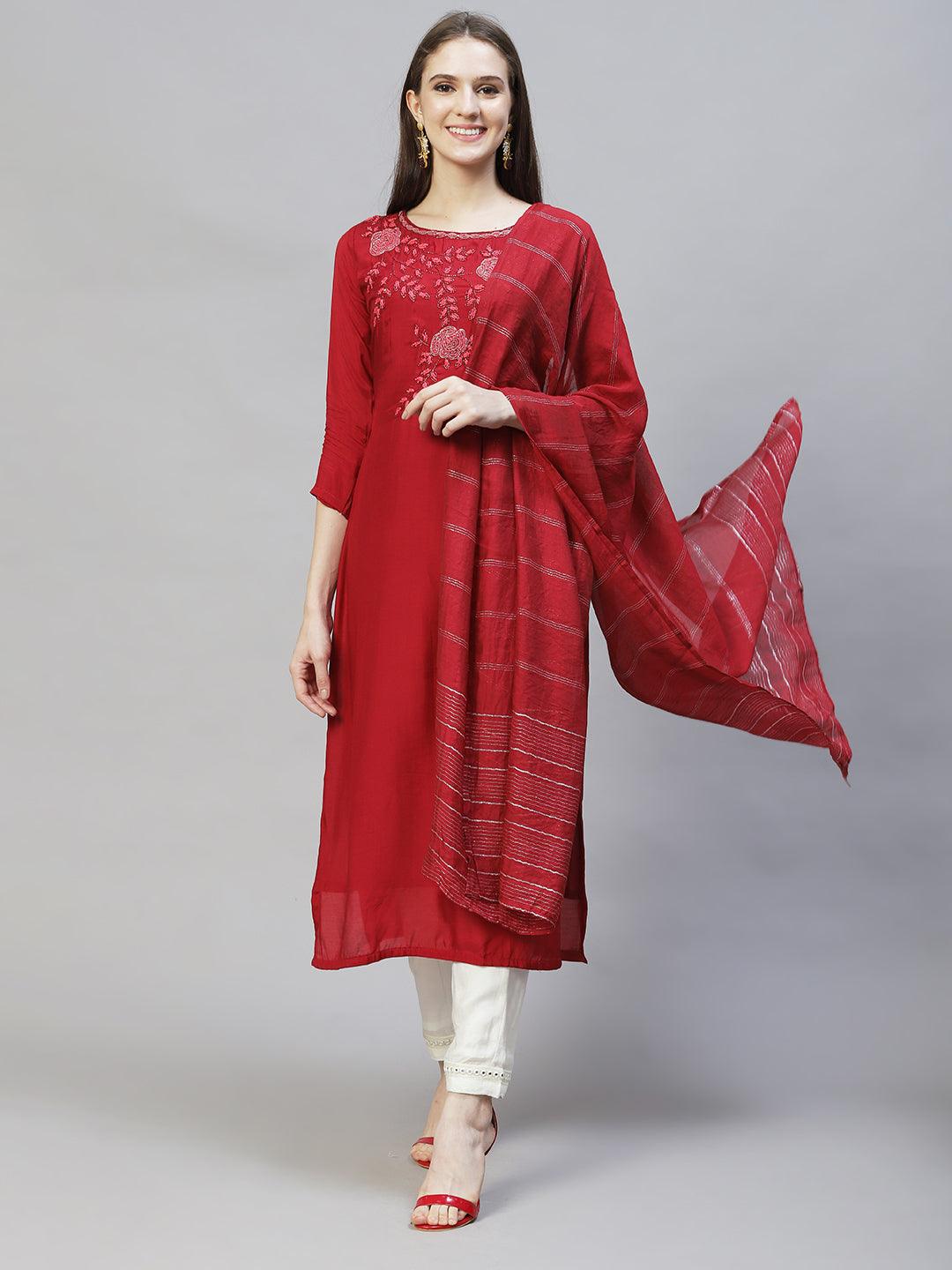 Floral Hand Embroidered Straight Kurta with Dupatta – Deep Maroon - Indiakreations