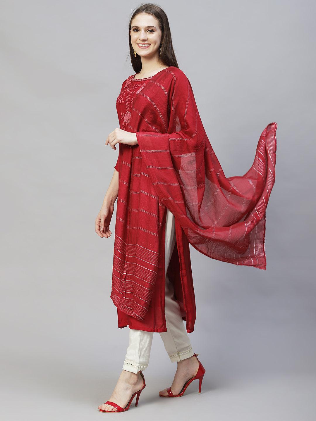 Floral Hand Embroidered Straight Kurta with Dupatta – Deep Maroon - Indiakreations