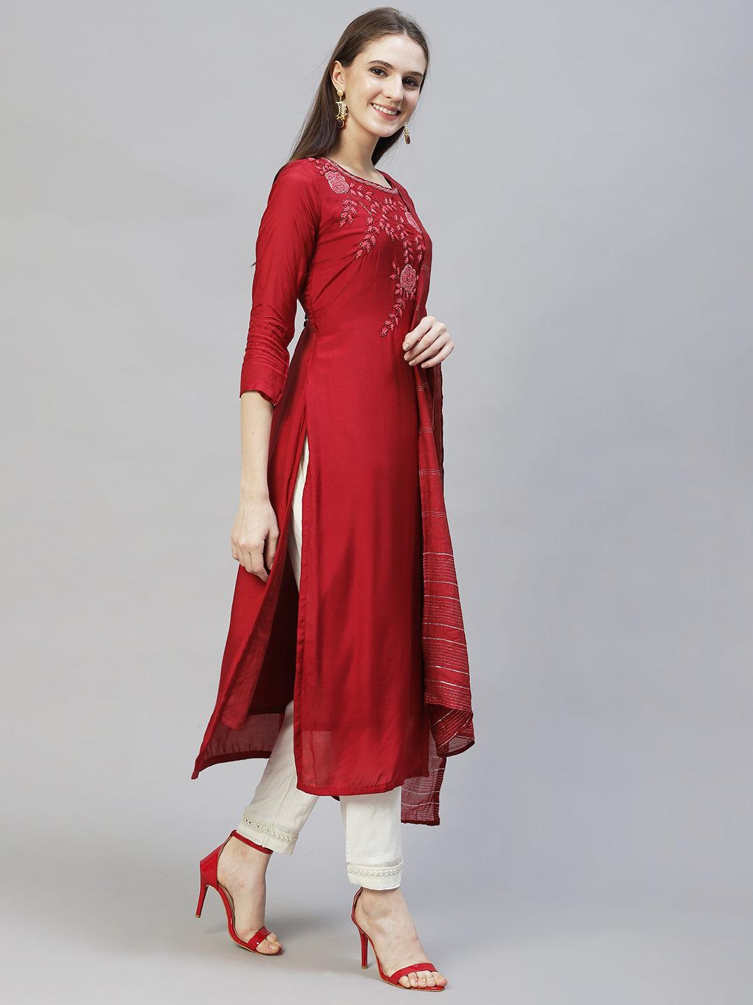 Floral Hand Embroidered Straight Kurta with Dupatta – Deep Maroon - Indiakreations