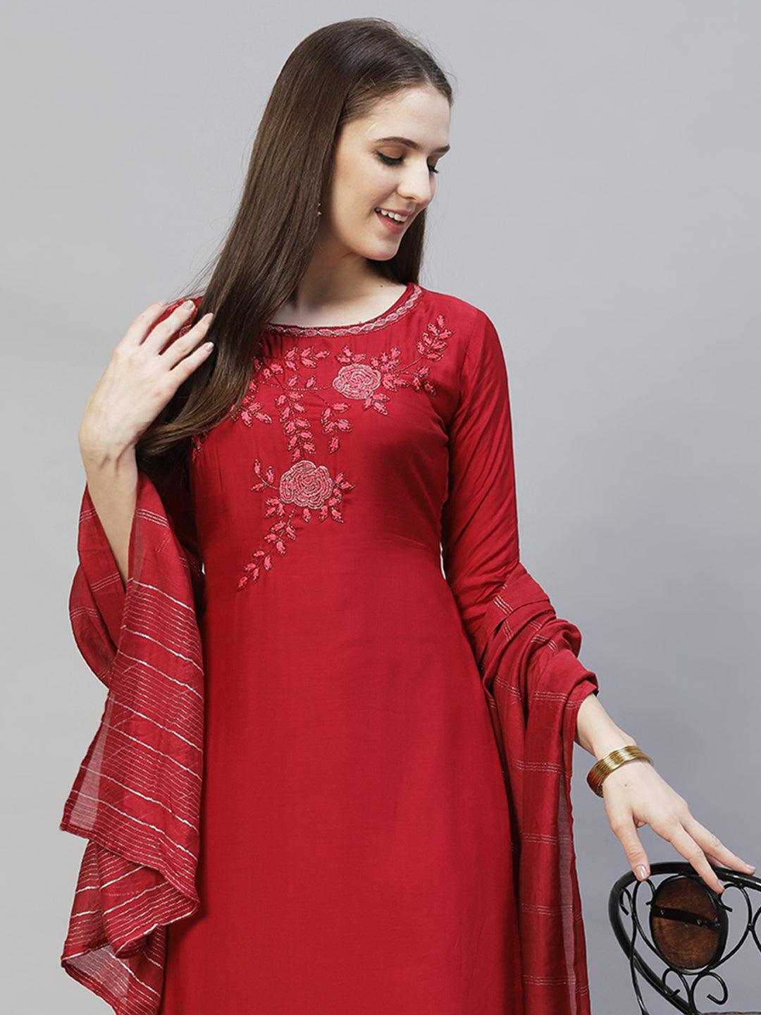 Floral Hand Embroidered Straight Kurta with Dupatta – Deep Maroon - Indiakreations