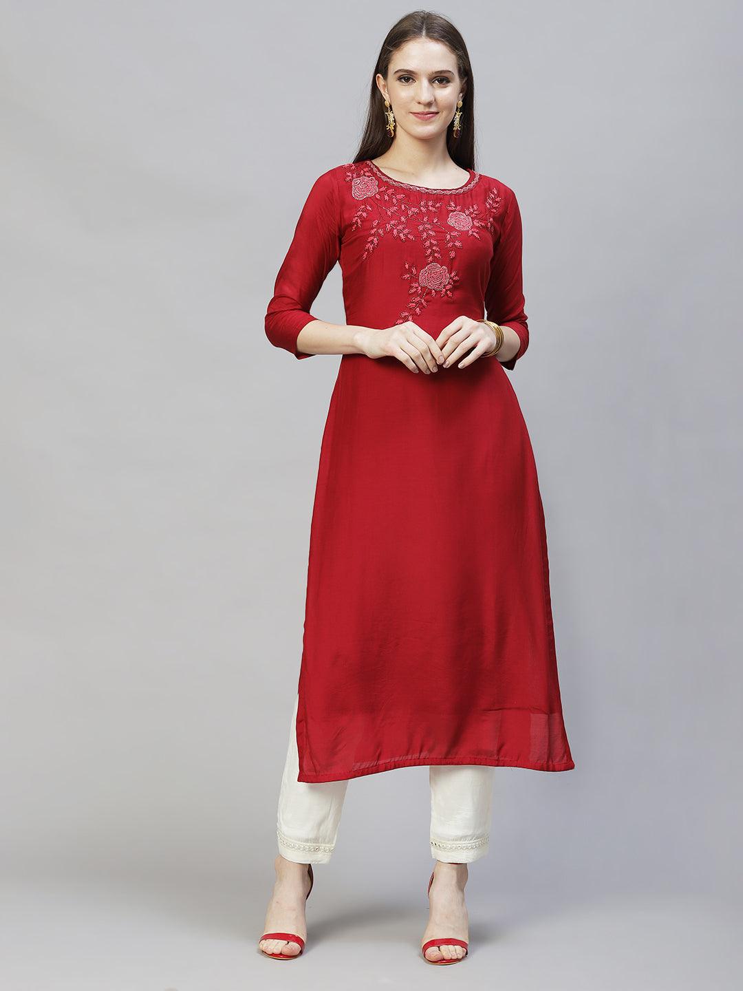 Floral Hand Embroidered Straight Kurta with Dupatta – Deep Maroon - Indiakreations