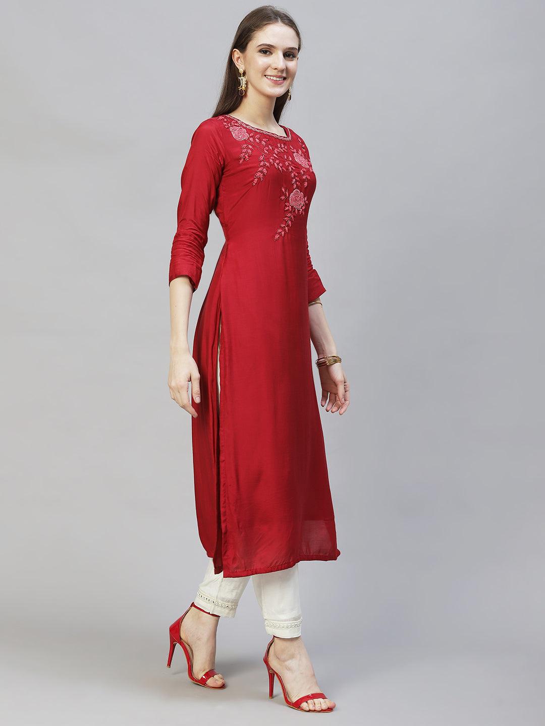 Floral Hand Embroidered Straight Kurta with Dupatta – Deep Maroon - Indiakreations