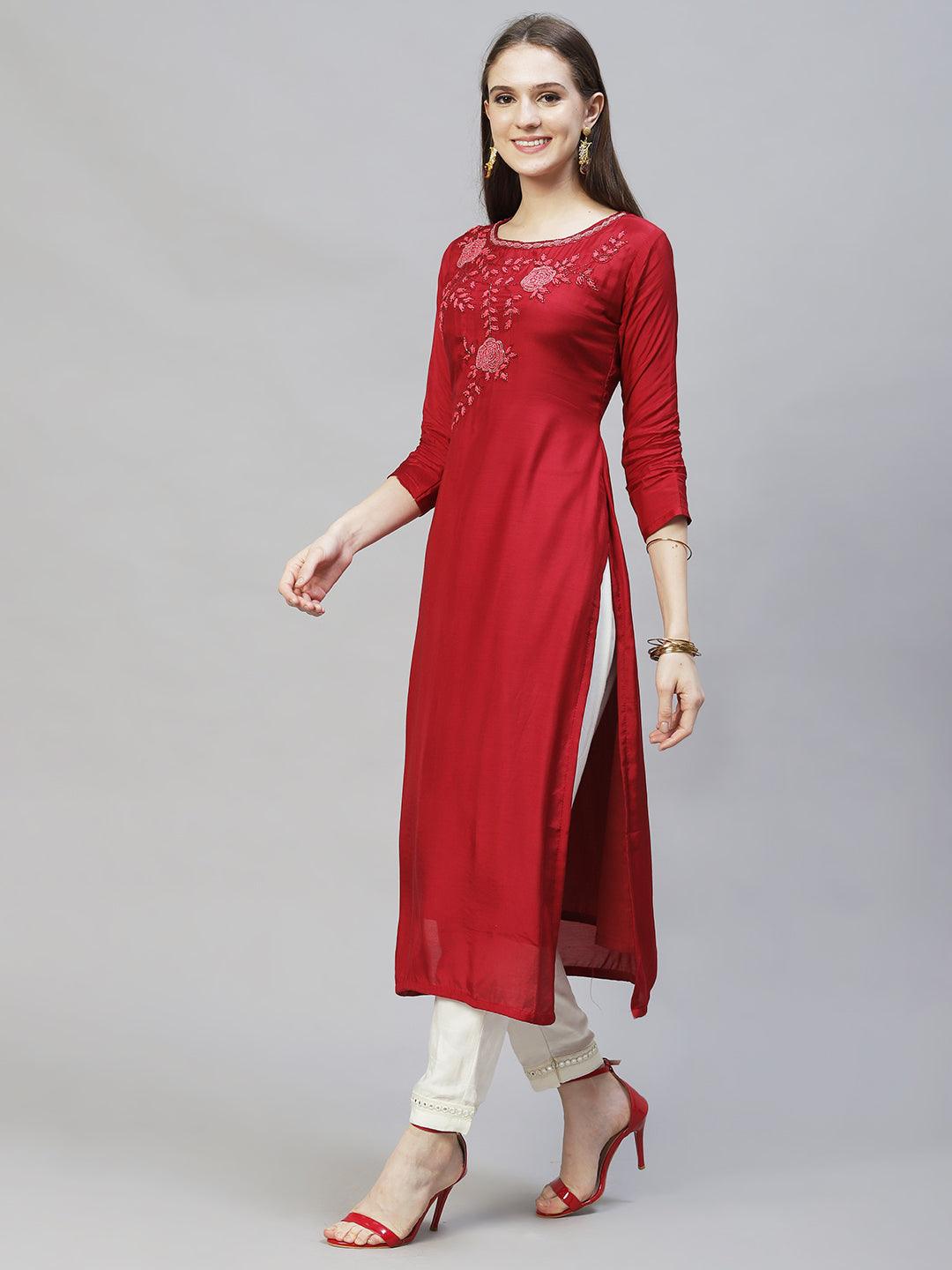 Floral Hand Embroidered Straight Kurta with Dupatta – Deep Maroon - Indiakreations