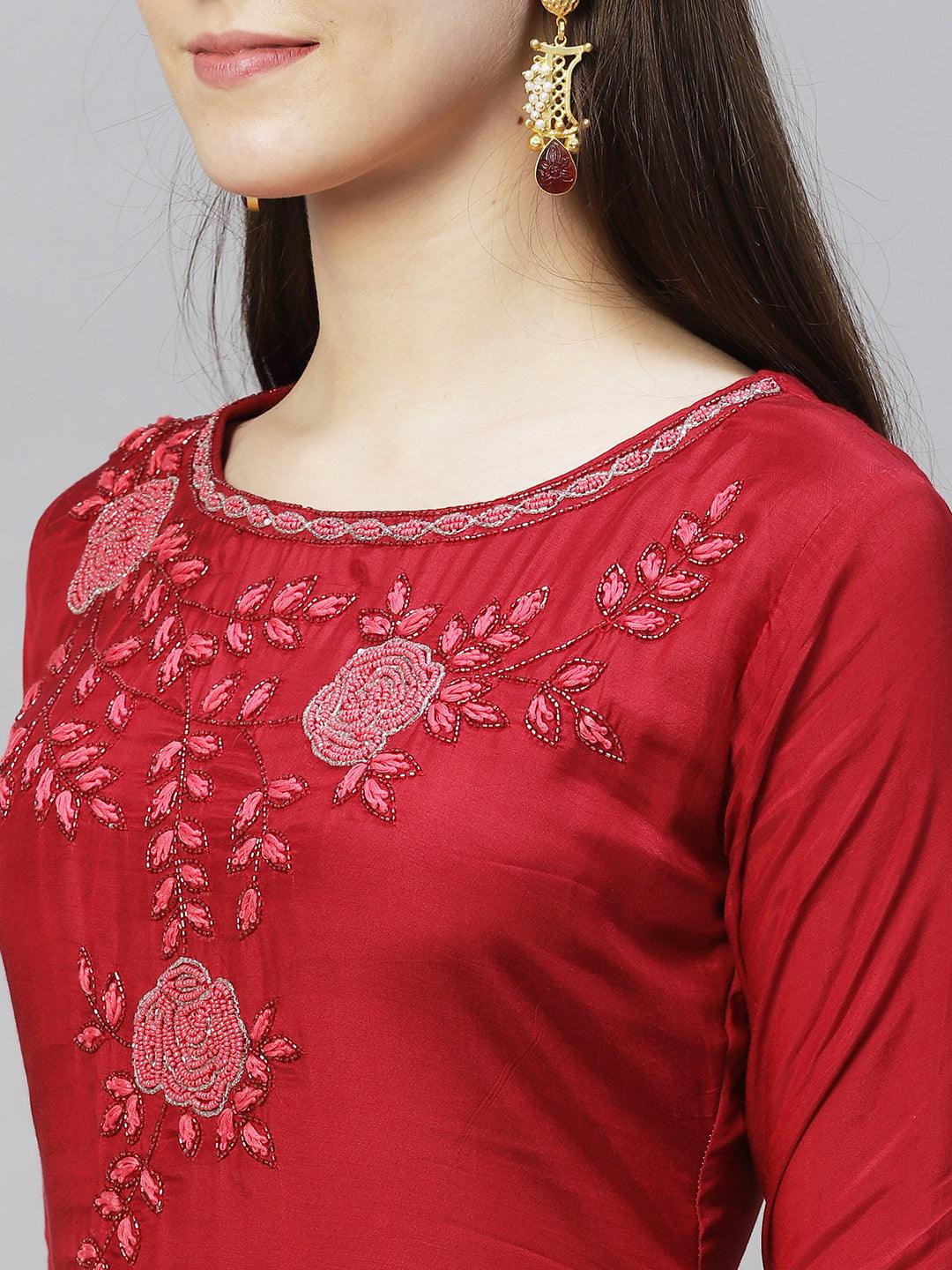 Floral Hand Embroidered Straight Kurta with Dupatta – Deep Maroon - Indiakreations