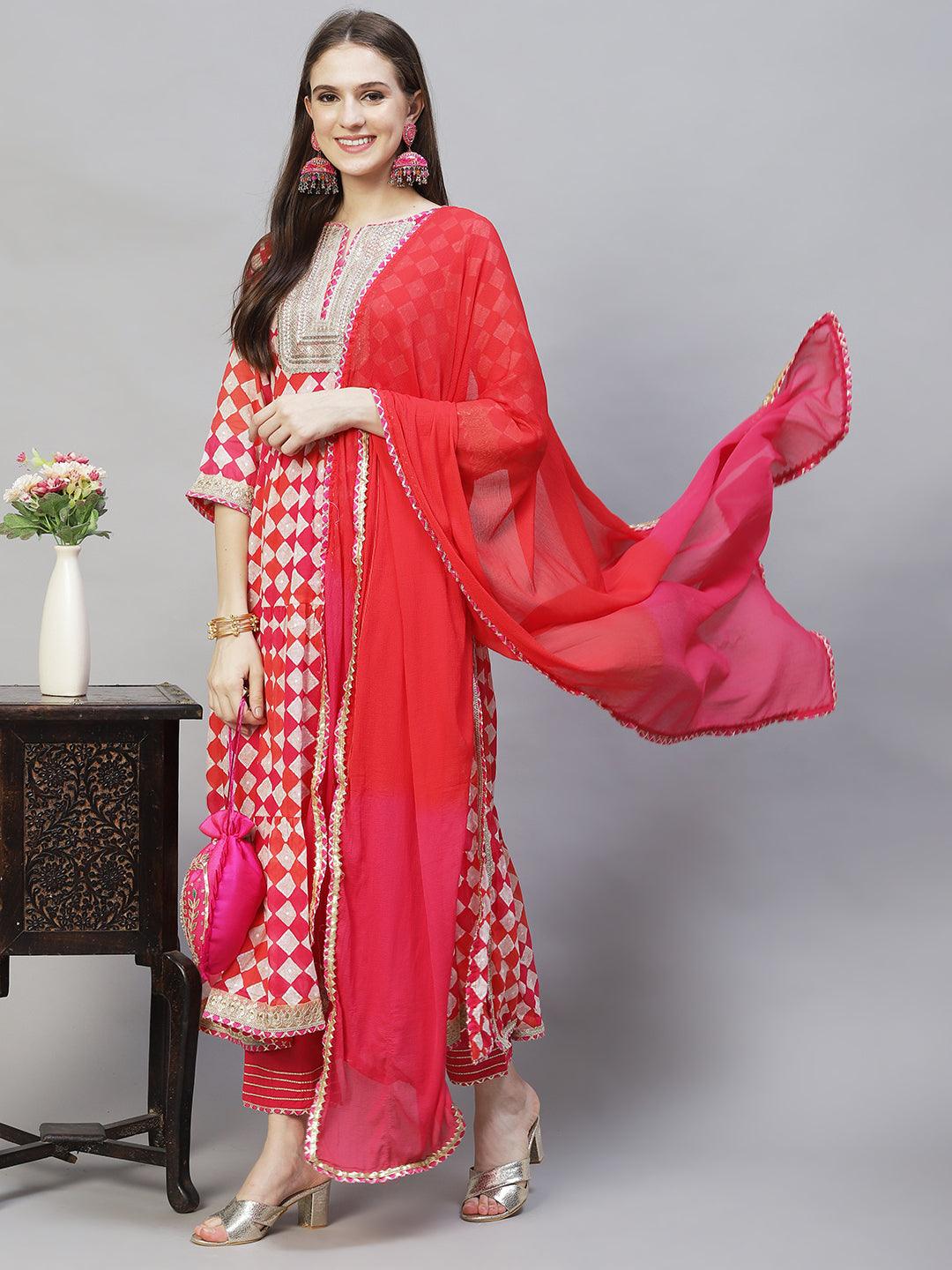 Ethnic Printed & Embroidered A-Line Kurta with Pants & Dupatta - Multi - Indiakreations