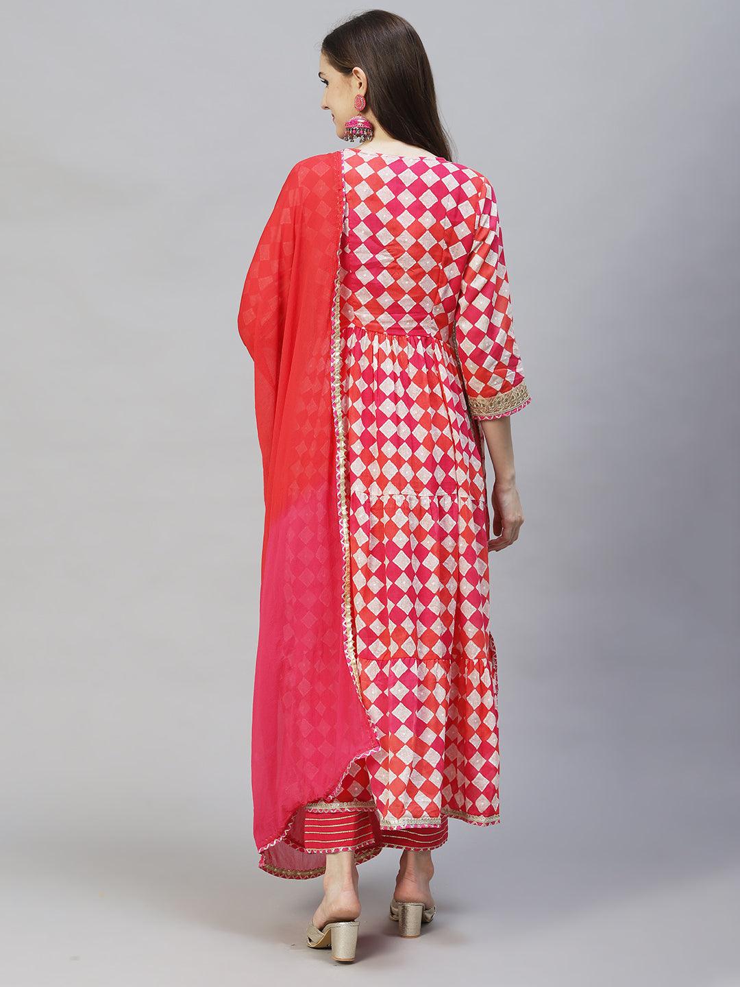 Ethnic Printed & Embroidered A-Line Kurta with Pants & Dupatta - Multi - Indiakreations