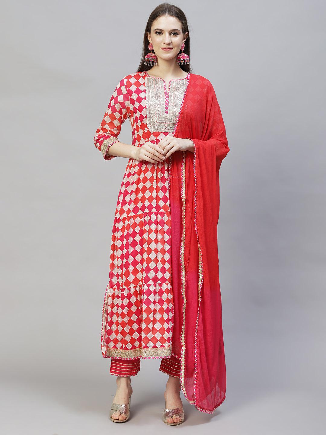 Ethnic Printed & Embroidered A-Line Kurta with Pants & Dupatta - Multi - Indiakreations