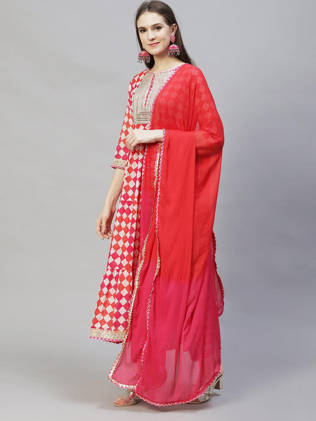 Ethnic Printed & Embroidered A-Line Kurta with Pants & Dupatta - Multi - Indiakreations