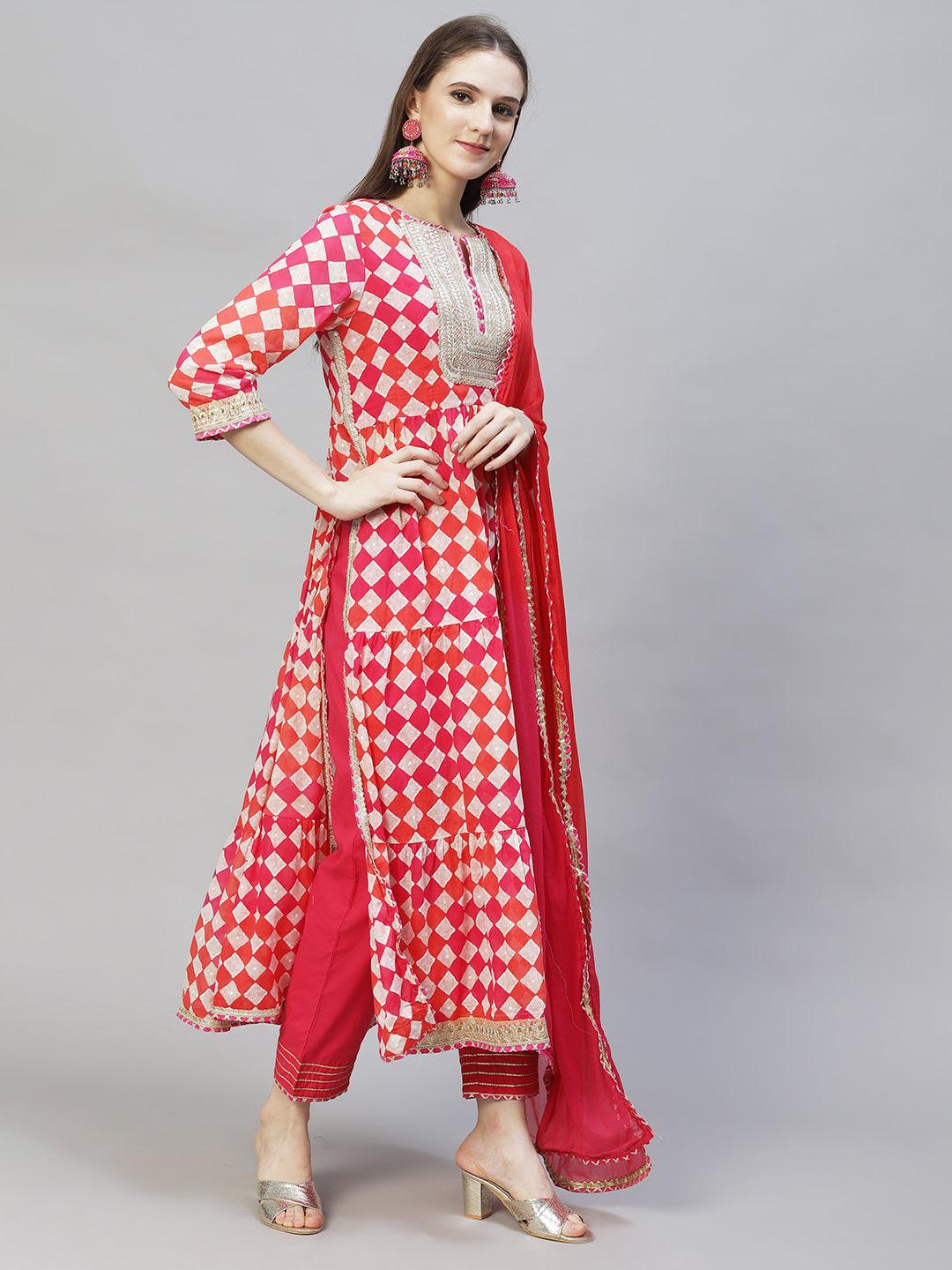 Ethnic Printed & Embroidered A-Line Kurta with Pants & Dupatta - Multi - Indiakreations