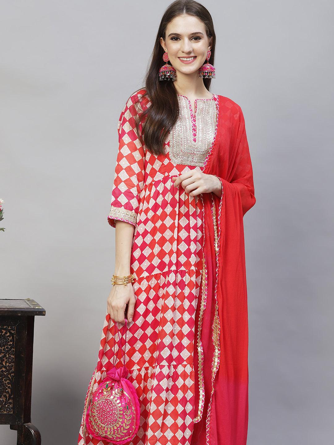 Ethnic Printed & Embroidered A-Line Kurta with Pants & Dupatta - Multi - Indiakreations