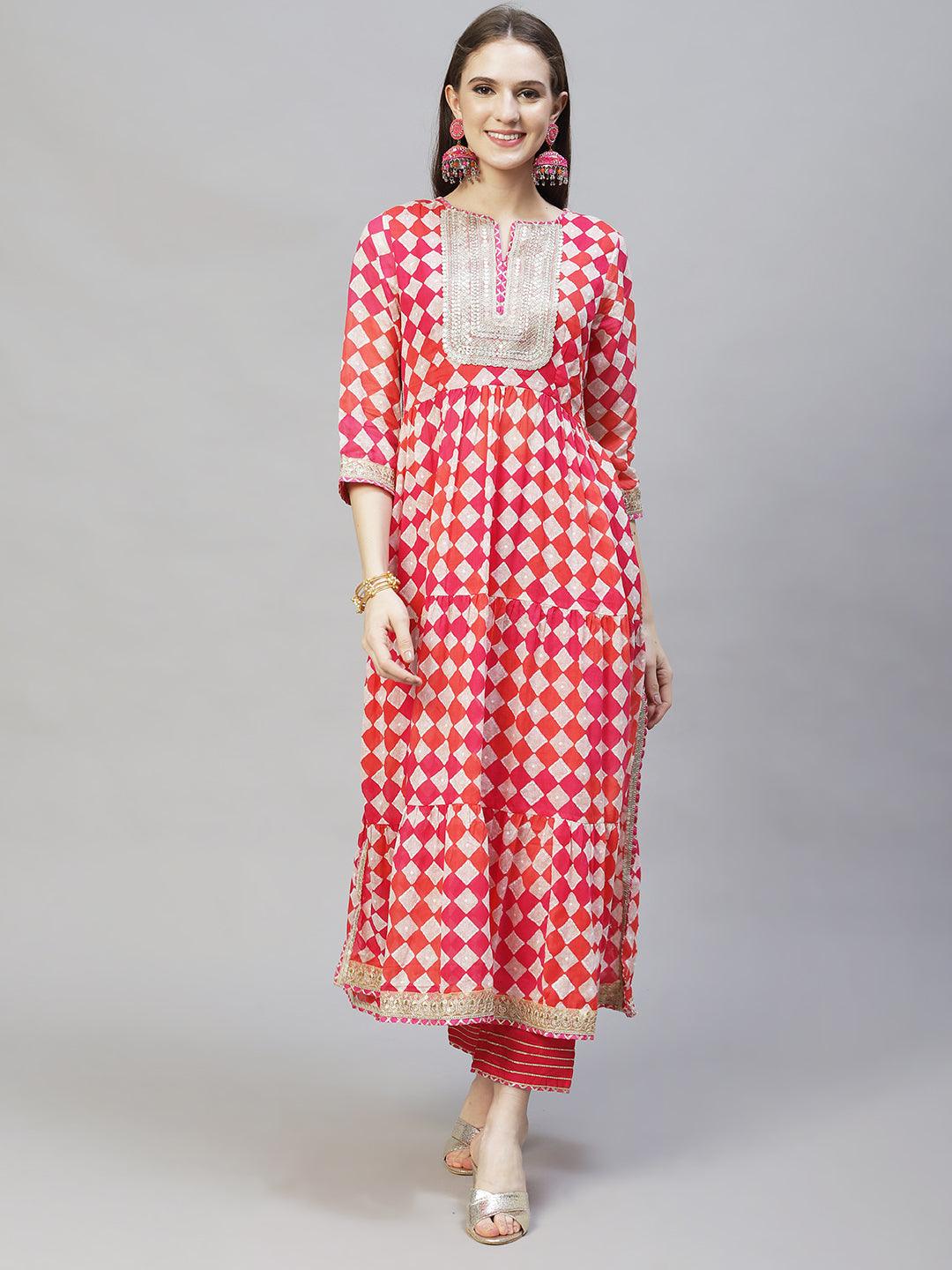 Ethnic Printed & Embroidered A-Line Kurta with Pants & Dupatta - Multi - Indiakreations