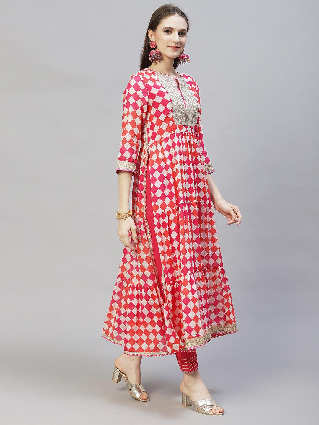 Ethnic Printed & Embroidered A-Line Kurta with Pants & Dupatta - Multi - Indiakreations