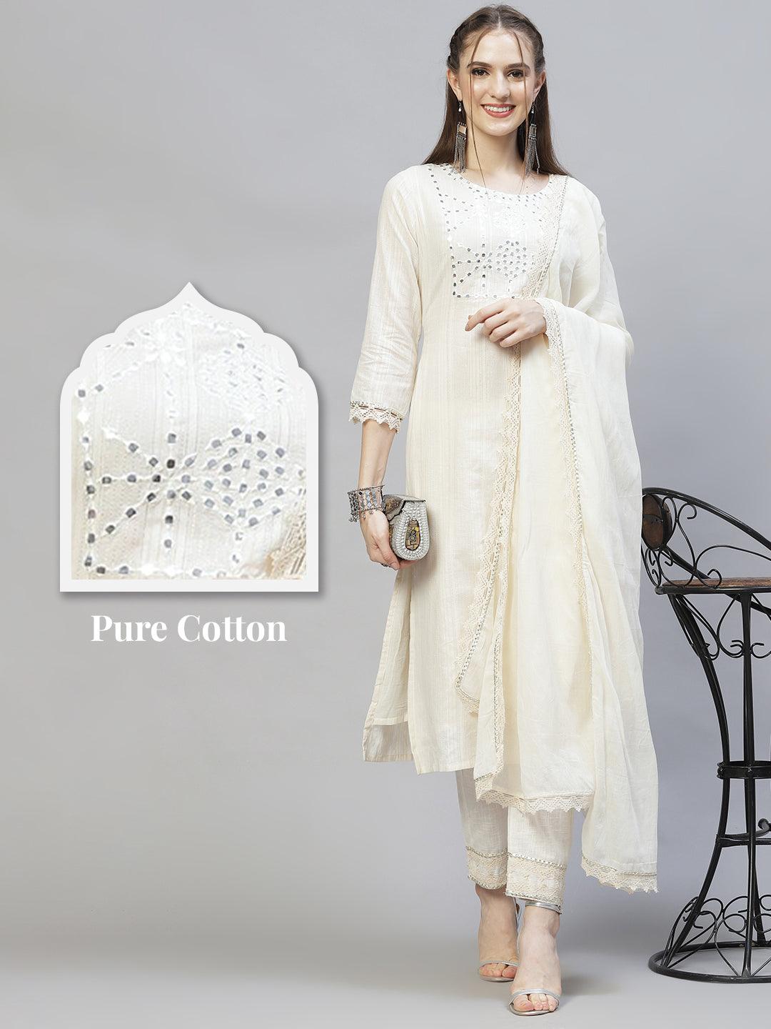 Ethnic Embroidered Straight Kurta with Pants & Dupatta - Off White - Indiakreations