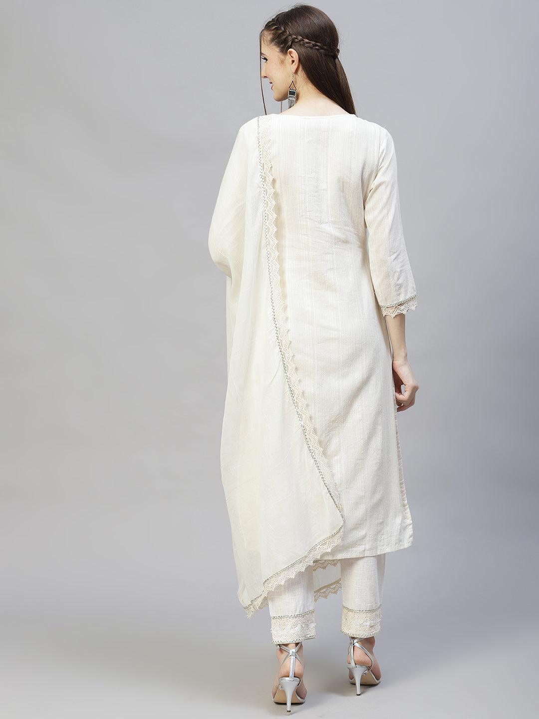 Ethnic Embroidered Straight Kurta with Pants & Dupatta - Off White - Indiakreations